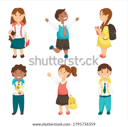 Cartoon vector set of cute children, school kids going back to school. Smiling pupils with books and backpacks.