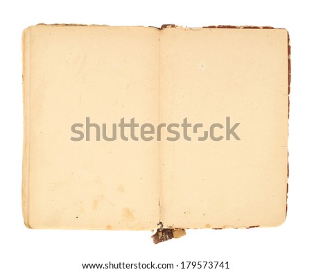 Opened decrepit old book yellowed sheets isolated over white background