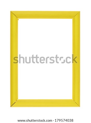 A4 size empty copyspace wooden photo frame colored with yellow paint, isolated over the white background