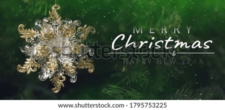 Merry Christmas and happy new year concept, Closeup of gold snowflake hanging from a decorated tree with bokeh, Xmas holiday background
