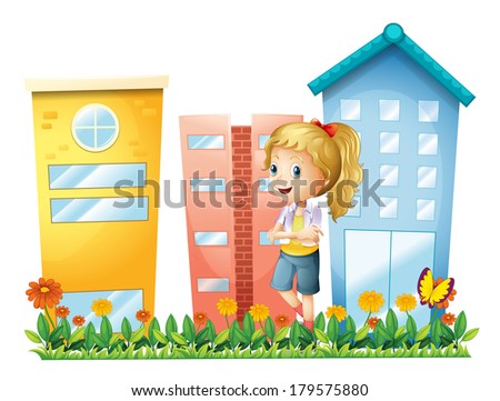 Illustration of a girl in front of the buildings with a garden on a white background