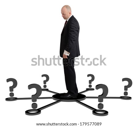a man thinking for which way to go isolated on a white background