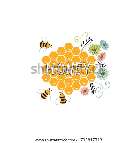Title "Honey" on a background of honeycomb surrounded by bees and flowers. Vector frame in the style of a sketch for honey.