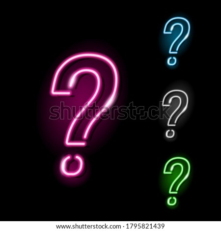 Neon question mark icon in four different colours isolated on black background.  Quiz, interrogation, faq, problem concept. Night signboard style. Vector 10 EPS illustration.