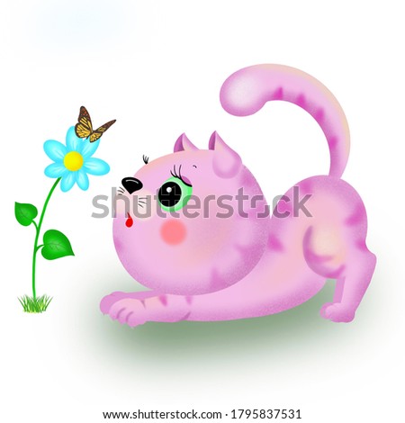 little pink kitten a kitten plays with a butterfly that sits on a flower