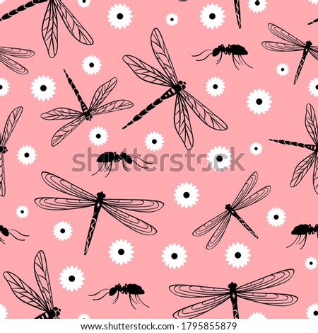 Nature seamless pattern with insects and chamomile.Vector illustration.