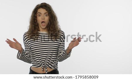 Shocked woman emotion on white background. Portrait of shocked girl in studio. Amazed person face expression. Shock woman face with amazed expression. Shocked person enjoy sale