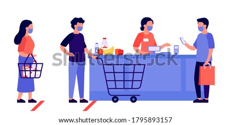 People shopping, queuing. Contactless mobile payment for purchases. Social distancing and protective masks. Checkout, supermarket store counter cashier and shoppers with shopping cart of food. Vector Royalty-Free Stock Photo #1795893157