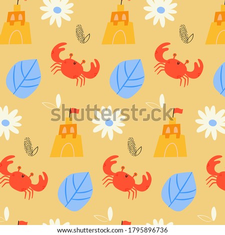 Crabe with floral vector illustration of cute summer time fun theme seamless pattern background.