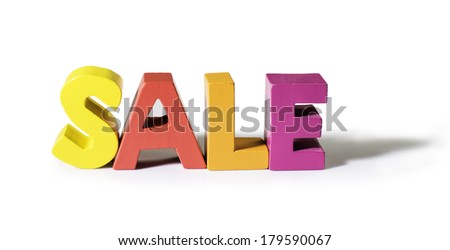 Multicolored text sale made of wood. White background