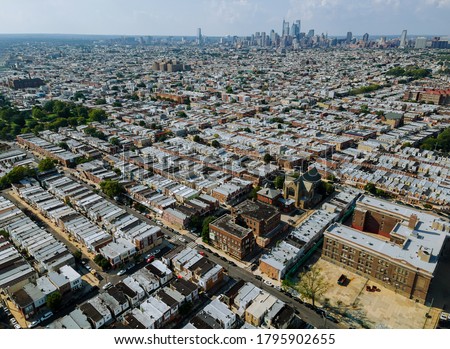Aerial view of downtown suburban area wide cityscape view of Philadelphia, Pennsylvania, United States