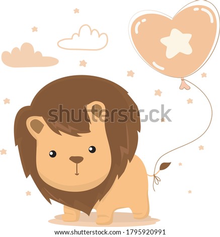 Cute baby lion with balloon cartoon hand drawn vector illustration. Can be used for baby t-shirt print, fashion print design, kids wear, baby shower celebration, greeting and invitation card.