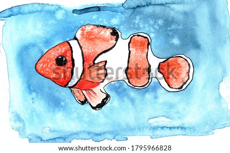 watercolor drawing of a clown fish against a deep blue background of the sea
