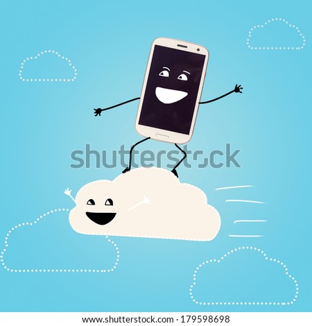 cloud storage. smartphone is surfing on cloud in sky