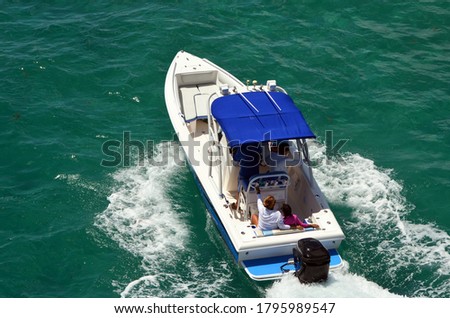 Blue and white motor boat equipped with a royal blue canvas Bimini top. Royalty-Free Stock Photo #1795989547