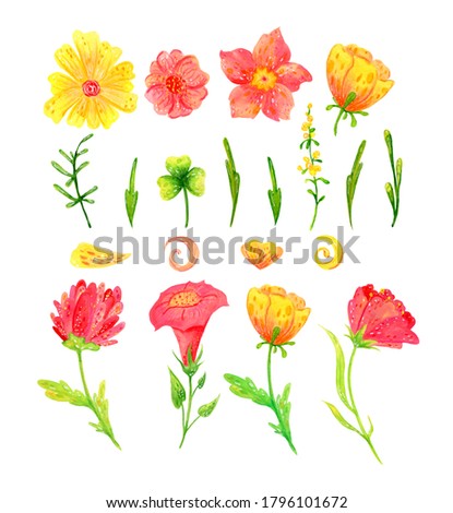 .Set of abstract spring flowers and leaves for festive decoration and design. Bright children's illustration, clipart on a white background. Pink, Yellow, green plants.