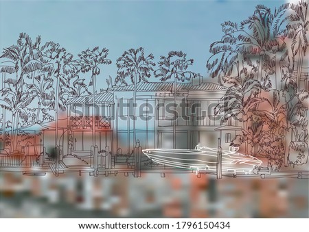 Panorama illustration. Hand drawn ink line sketch Miami South beach , Florida with buildings, palm trees, roofs in outline style perspective view. Postcards design.