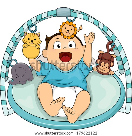 Illustration of a Happy Baby Boy Playing with the Toys Attached to His Musical Gym
