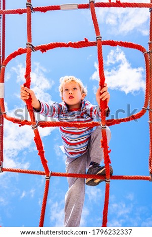 Blond boy perched on a web rope-ladder structure in a children's playground for fun climbing. Royalty-Free Stock Photo #1796232337