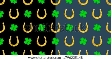 Gold horseshoe and clover leaf, set of seamless patterns.
