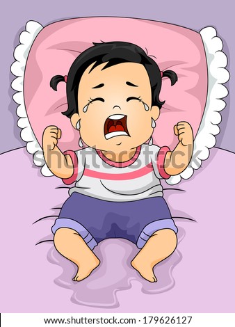 Illustration of a Baby Girl Crying Out Loud After Wetting the Bed