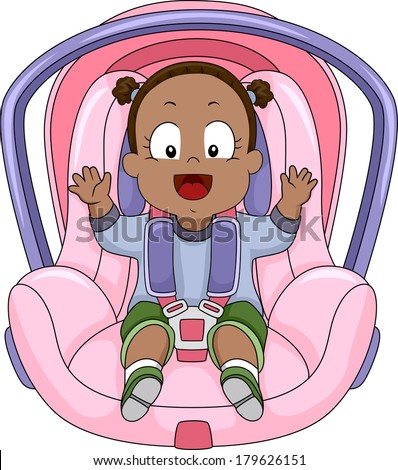Illustration of a Smiling Baby Girl Strapped to a Car Seat