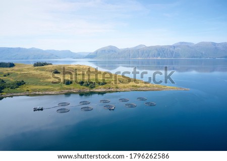 Fish farm salmon round nets in natural environment Loch Etive in Arygll and Bute Scotland
