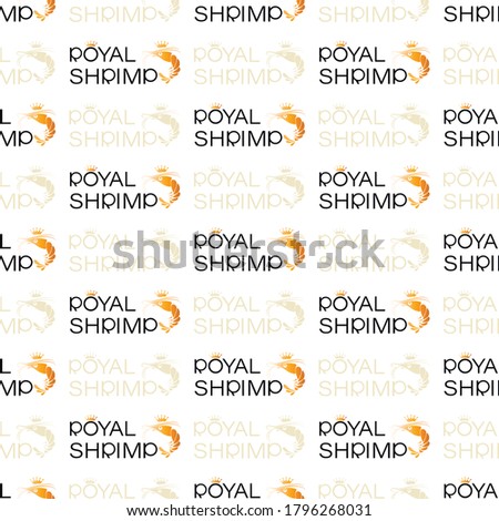 Shrimp pattern. Vector template. Unique digital seamless pattern with icons shrimps, text 