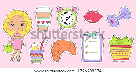 morning planner vector stickers. Girl, a cup of coffee, alarm clock, pasta with a brush, croissant, checklist, flower, lips, dumbbell