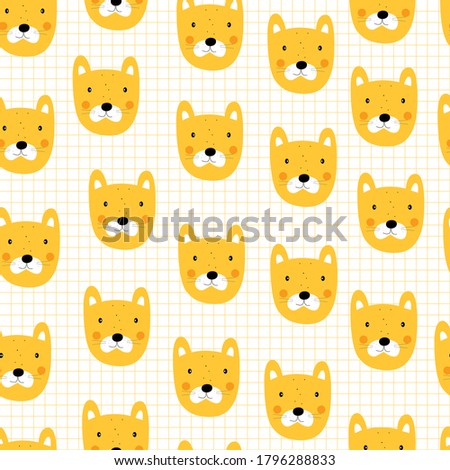 Seamless pattern Cartoon animal backgrounds with tiger face and square grid as wallpaper Hand drawn design in childrens style Used for printing, fabric, textiles Vector illustration