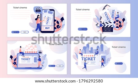 Movie tickets online sale. Tiny people buy tickets. Screen template for mobile smart phone, landing page, template, ui, web, mobile app, poster, banner, flyer. Modern flat cartoon style. Vector
