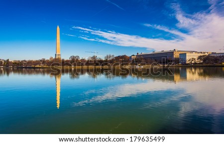 The Washington Monument reflecting in the Tidal Basin, Washington, DC.