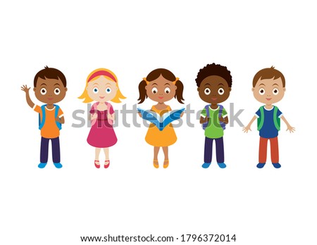 Back to school diverse children icon set vector. Happy kids of different races vector. Group of school children cartoon character. Children in a row clipart. Cute multicultural kids icon set Royalty-Free Stock Photo #1796372014