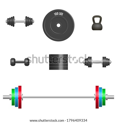Set of  sports equipment items. Elements design for gym and fitness room. Front view, 3D illustration.