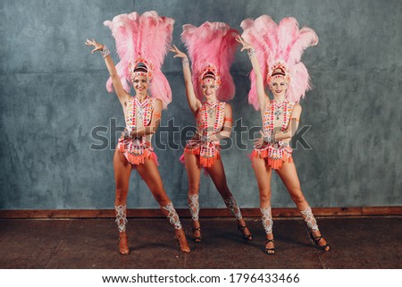 Three Women in samba or lambada costume with pink feathers plumage. Royalty-Free Stock Photo #1796433466