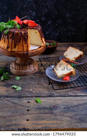 chiffon cake with fresh strawberry, mint and chocolate. copy space