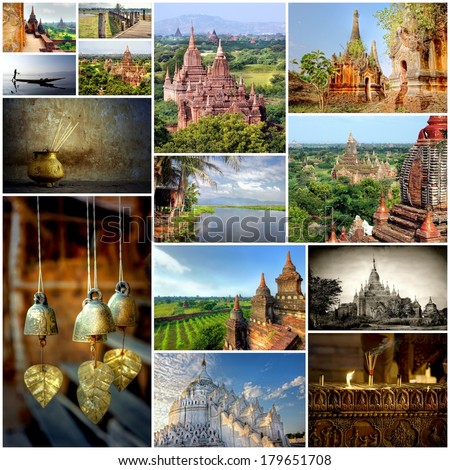 Pagodas and temples in the valley of Bagan in the asian country Myanmar,  together in a collage of images 