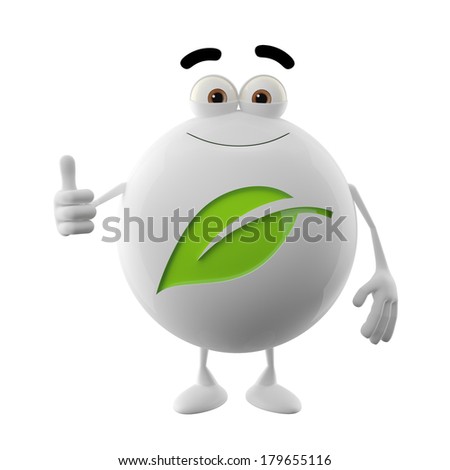3D ecological character, funny cartoon emoticon, symbol green leaf, nature conservation icon isolated on a white background, white figure 