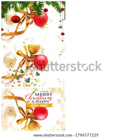 Christmas red gold ball green on  white  quotes text template illustration banner collage copy space 
