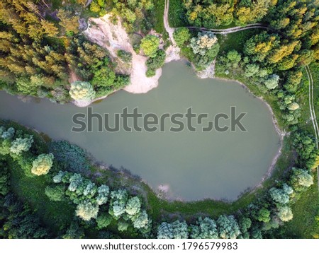 Aerial view of a small lake in the middle of forest. European nature.