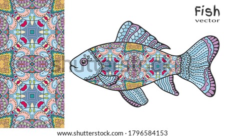 Hand drawn stylized sea fish and colorful doodle seamless pattern. Cartoon animal collection. Isolated elements for textile fabric, paper print, invitation or greeting card design. Ocean life.