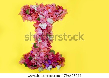 letter I flower alphabet, made from colorful bougainvillea flowers, wonderful flora letters for unique spring decorations and various creation ideas, greeting card design over on yellow background.