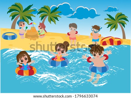 Kids are playing  spending time at the beach activities are fun vector illustration
