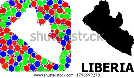 Vector mosaic and solid map of Liberia. Bright geographic map constructed as carved shape from rounded square with bright ellipses. Mosaic map of Liberia composed with ellipses in various sizes.