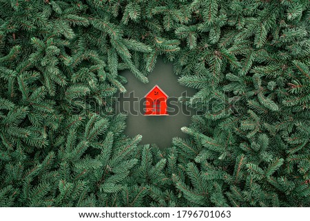 Christmas decorations ,green branches with red house Royalty-Free Stock Photo #1796701063