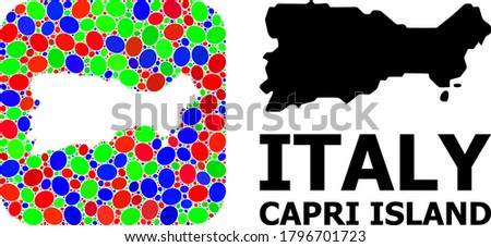Vector mosaic and solid map of Capri Island. Bright geographic map created as hole from rounded square with bright ovals. Mosaic map of Capri Island created with ovals in various sizes.