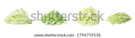 Set with heaps of chopped cabbage on white background. Banner design Royalty-Free Stock Photo #1796759536