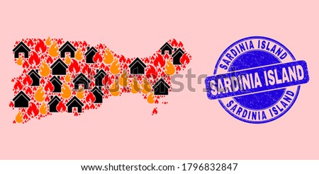 Fire disaster and realty mosaic Capri Island map and Sardinia Island scratched stamp. Vector mosaic Capri Island map is composed from random burning homes.