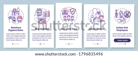 Workplace safety guidelines onboarding mobile app page screen with concepts. Prevention covid in office walkthrough 5 steps graphic instructions. UI vector template with RGB color illustrations