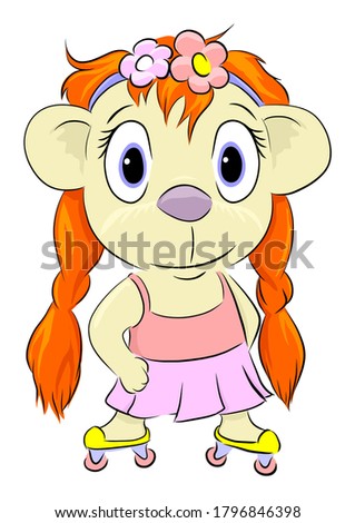 Miss bear with red hair on roller skates hand drawn vector illustration for children suitable for printing clothes and toys